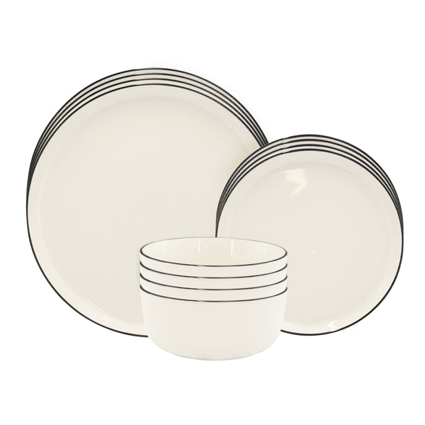 Geschirr-Set Porzellan 12-teilig cremeweiss/schwarz
