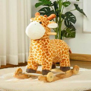 2-IN-1 Schaukelpferd mit Räder Plüsch Schaukeltier Babyschaukel Spielzeug Giraffen-Design Gelb