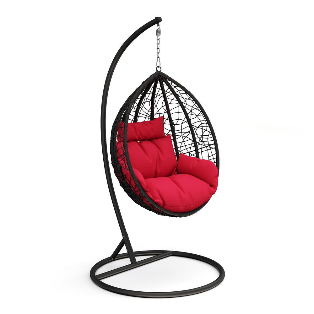 Fauteuil œuf, noir avec coussins rouges