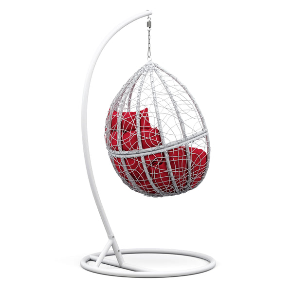 Eiersessel weiss mit roten Kissen