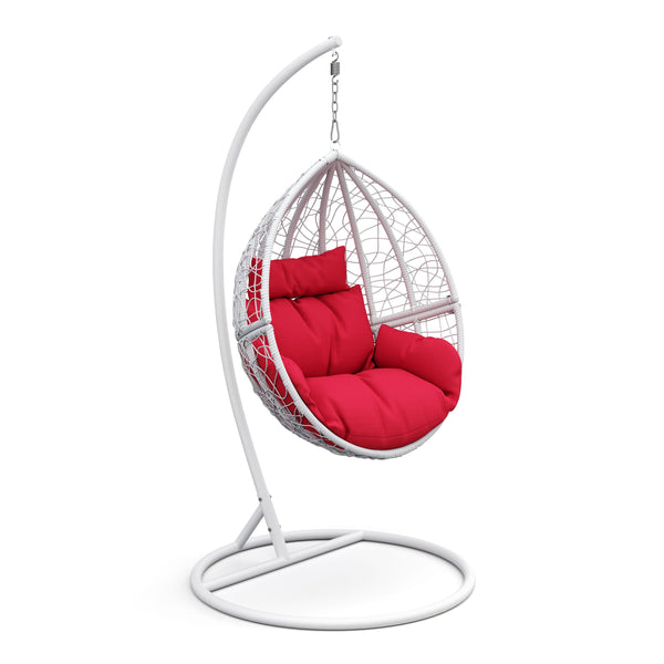 Eiersessel weiss mit roten Kissen