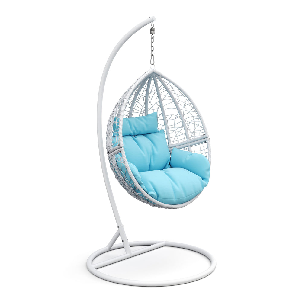 Fauteuil œuf, blanc avec coussins turquoise