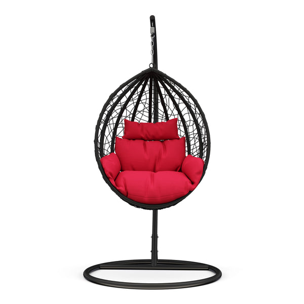 Eiersessel schwarz mit roten Kissen