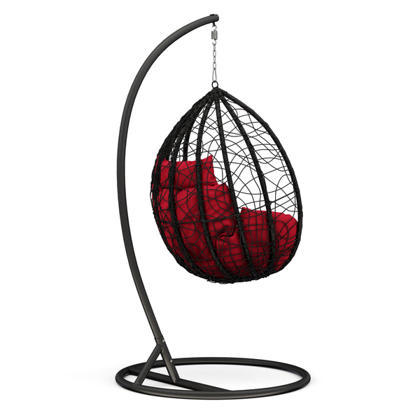 Eiersessel schwarz mit roten Kissen
