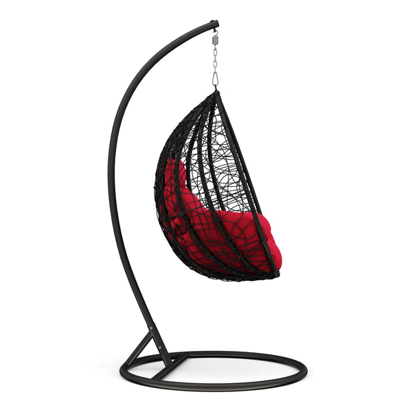 Eiersessel schwarz mit roten Kissen