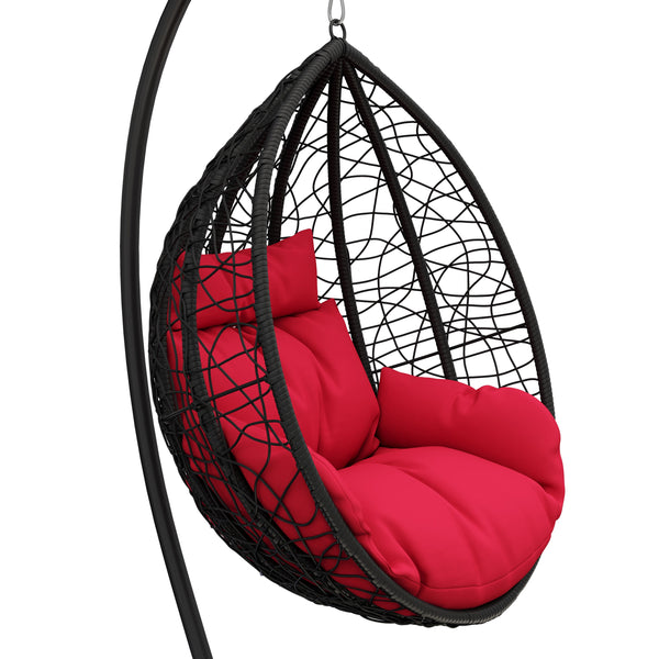 Eiersessel schwarz mit roten Kissen