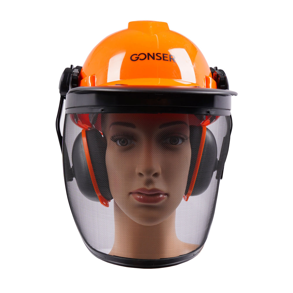 Casco forestale con visiera e protezione per le orecchie, arancione