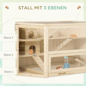 Kleintierkäfig, Nagerkäfig, Nagerheim mit 1 Rampe, 1 Wippe, herausnehmbare Bodenwanne, Tannenholz, Natur