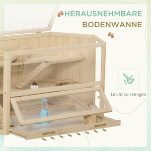 Kleintierkäfig, Nagerkäfig, Nagerheim mit 1 Rampe, 1 Wippe, herausnehmbare Bodenwanne, Tannenholz, Natur