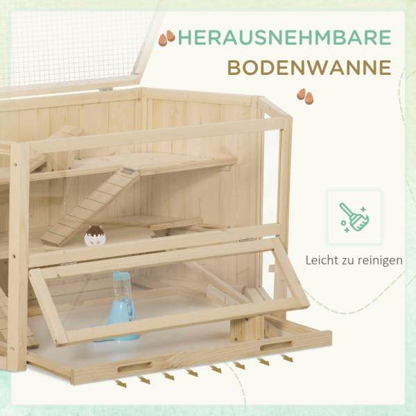 Kleintierkäfig, Nagerkäfig, Nagerheim mit 1 Rampe, 1 Wippe, herausnehmbare Bodenwanne, Tannenholz, Natur