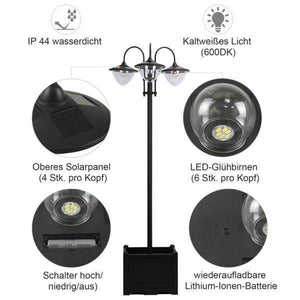 Solarleuchte Gartenlicht 3-köpfige Lampe mit Blumentopf-Basis Wasserdicht Edelstahl 60 x 55 x 189 cm