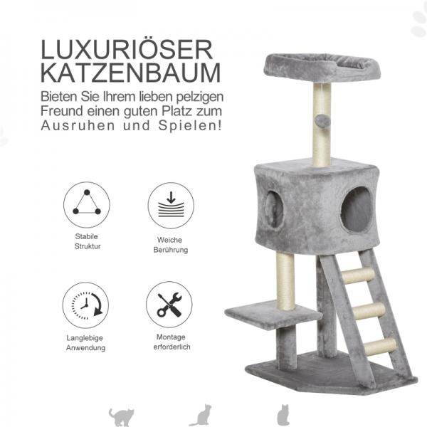 Kratzbaum mit Höhle Leiter Katzenbaum Kletterbaum E1 MDF Sisal Hellgrau