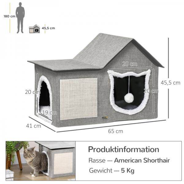 Katzenhaus mit Kratzfläche, inkl. Spielball, Katzenhöhle, Braun + Weiss + Beige