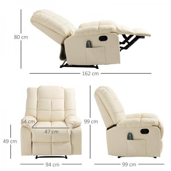Massagesessel, Relaxsessel, 8 Vibrationspunkte, Liegefunktion, Kunstleder, cremeweiss