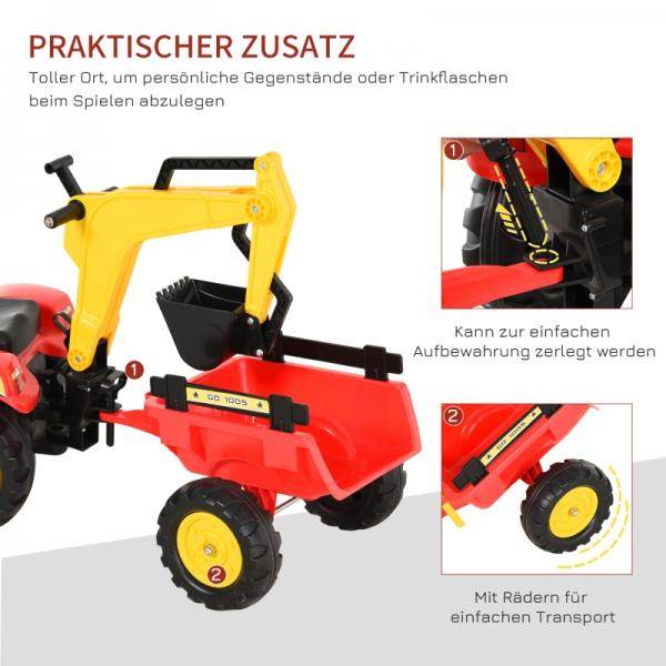 Trettraktor mit Anhänger Tretbagger mit Frontlader Kindertrettraktoren ab 3 Jahre Stahl Kunststoff Rot 179 x 42 x 59 cm