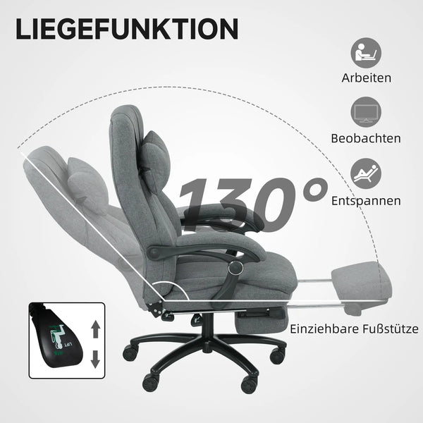 Bürostuhl höhenverstellbarer mit Fussstütze Massagefunktion, Leinen-Gefühl, Grau