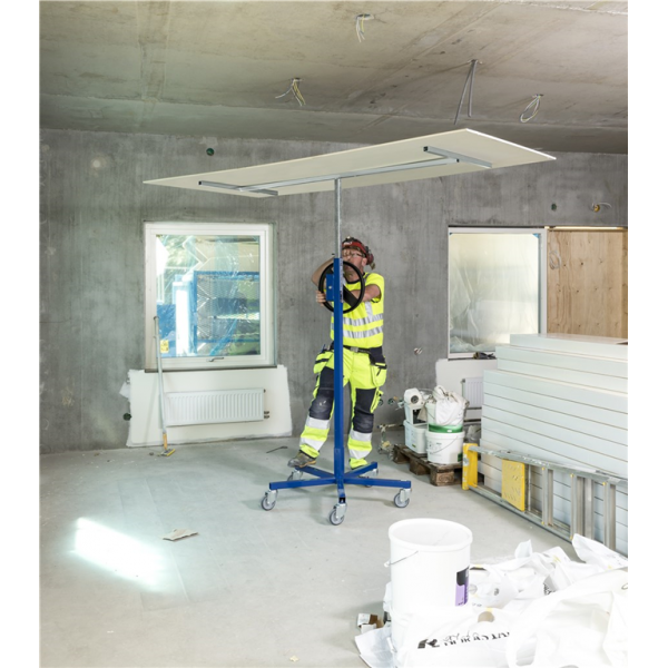 Baustellenwagen Plattenlift, bis 70kg belastbar, 5 Lenkrollen, 1 davon mit Bremse, blau