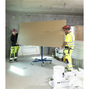Baustellenwagen Plattenlift, bis 70kg belastbar, 5 Lenkrollen, 1 davon mit Bremse, blau