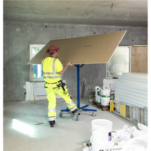 Baustellenwagen Plattenlift, bis 70kg belastbar, 5 Lenkrollen, 1 davon mit Bremse, blau
