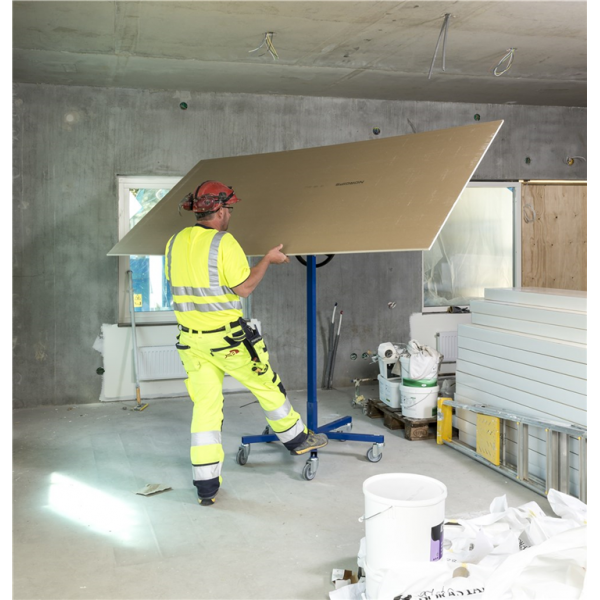 Baustellenwagen Plattenlift, bis 70kg belastbar, 5 Lenkrollen, 1 davon mit Bremse, blau