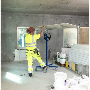 Baustellenwagen Plattenlift, bis 70kg belastbar, 5 Lenkrollen, 1 davon mit Bremse, blau