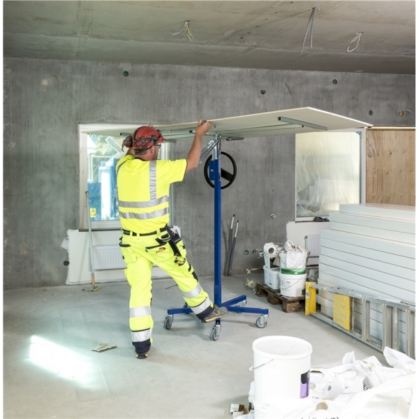 Baustellenwagen Plattenlift, bis 70kg belastbar, 5 Lenkrollen, 1 davon mit Bremse, blau
