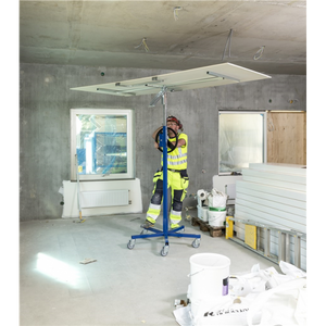 Baustellenwagen Plattenlift, bis 70kg belastbar, 5 Lenkrollen, 1 davon mit Bremse, blau