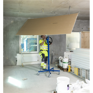 Baustellenwagen Plattenlift, bis 70kg belastbar, 5 Lenkrollen, 1 davon mit Bremse, blau