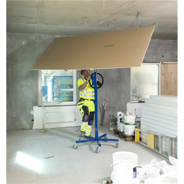 Baustellenwagen Plattenlift, bis 70kg belastbar, 5 Lenkrollen, 1 davon mit Bremse, blau