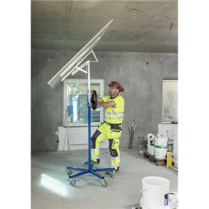 Baustellenwagen Plattenlift, bis 70kg belastbar, 5 Lenkrollen, 1 davon mit Bremse, blau