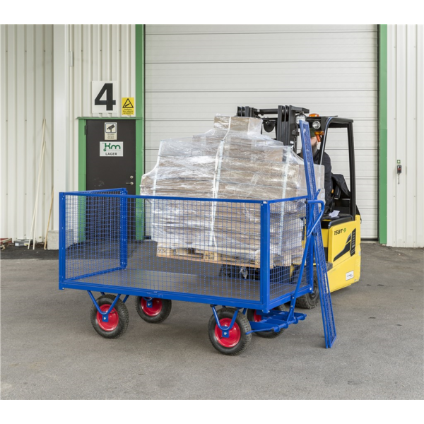 Schwerlastwagen bis 1500kg belastbar, 4 Bockrollen, Deichselbremse, blau