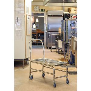 Edelstahlwagen Plattformwagen C2, 18/0, bis 100kg belastbar, 4 Lenkrollen, 2 davon mit Bremse