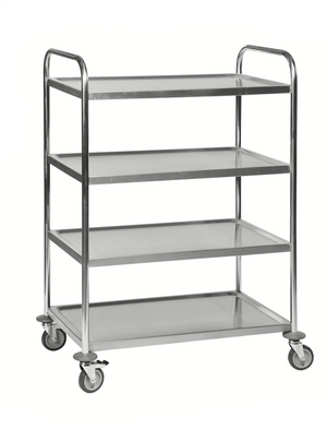 Edelstahlwagen 4 Böden C2, 18/0, bis 100kg belastbar, 4 Lenkrollen, 2 davon mit Bremse