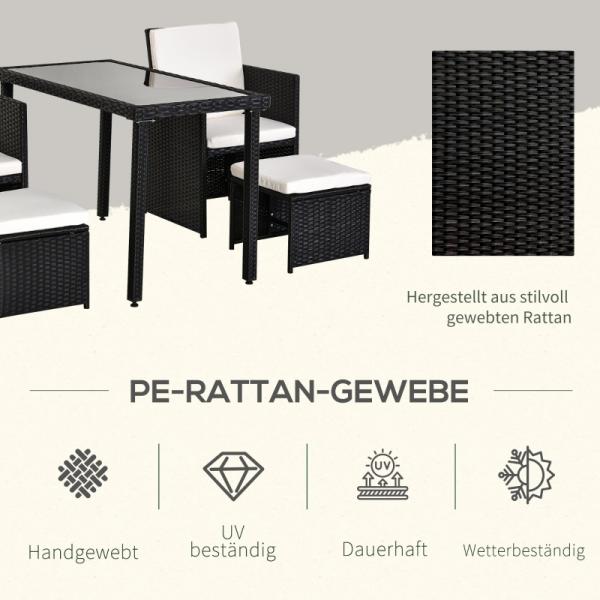 5-teilige Polyrattan Sitzgruppe Essgruppe Gartenset Garnitur mit Kissen Schwarz