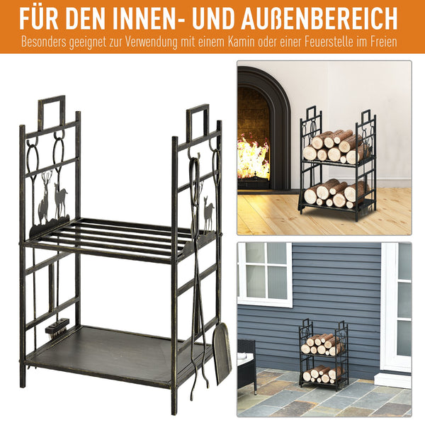 Kaminholzregal mit Kaminbesteck 51cm Gold Schwarz