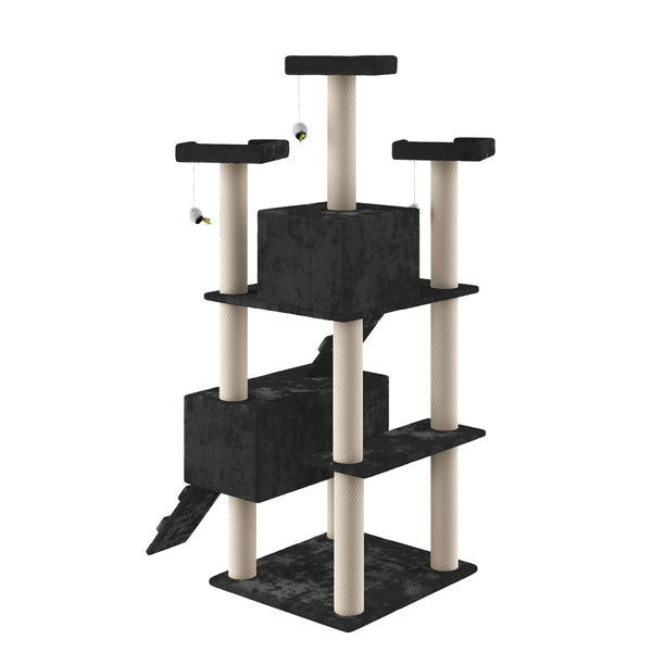 Katzenbaum 182cm hoch schwarz mit Spielmäusen
