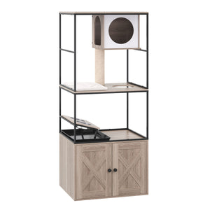 Katzenbaum mit Katzentoilette und Fressstation 146 cm natur