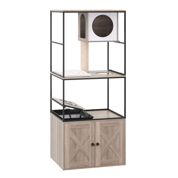 Katzenbaum mit Katzentoilette und Fressstation 146 cm natur