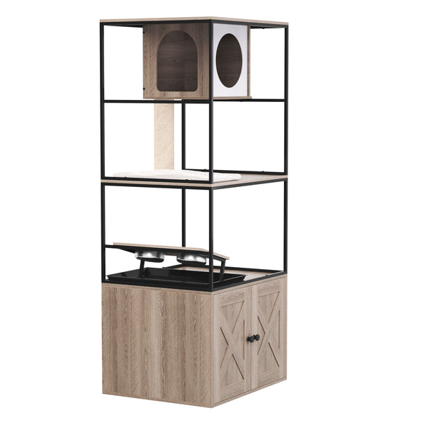Katzenbaum mit Katzentoilette und Fressstation 146 cm natur