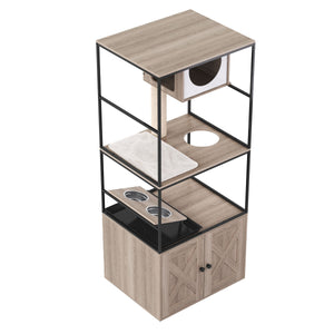 Katzenbaum mit Katzentoilette und Fressstation 146 cm natur
