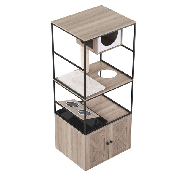 Katzenbaum mit Katzentoilette und Fressstation 146 cm natur