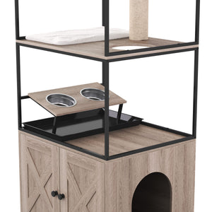 Katzenbaum mit Katzentoilette und Fressstation 146 cm natur