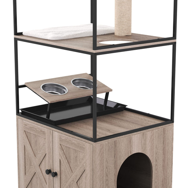 Katzenbaum mit Katzentoilette und Fressstation 146 cm natur