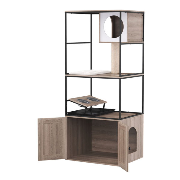 Katzenbaum mit Katzentoilette und Fressstation 146 cm natur