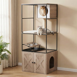Katzenbaum mit Katzentoilette und Fressstation 146 cm natur