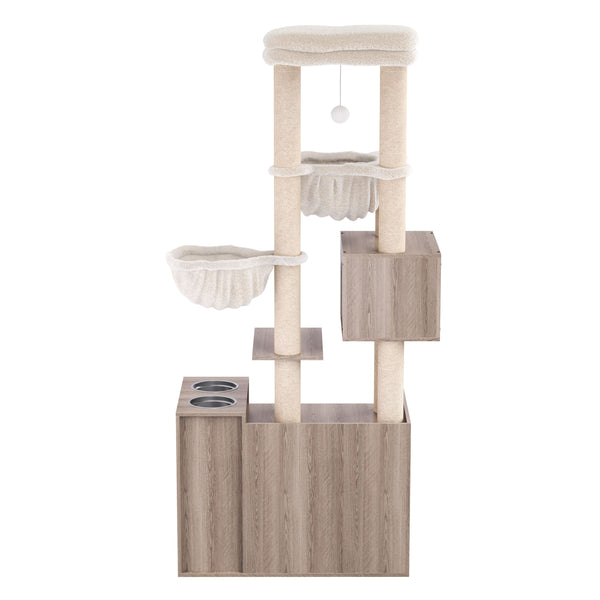 Katzenbaum mit Katzentoilette und Fressstation 155 cm braun