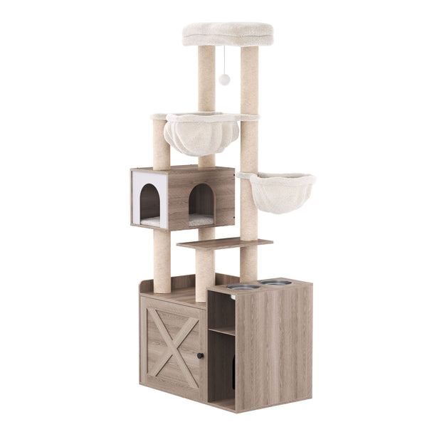 Katzenbaum mit Katzentoilette und Fressstation 155 cm braun