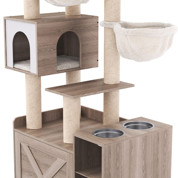 Katzenbaum mit Katzentoilette und Fressstation 155 cm braun