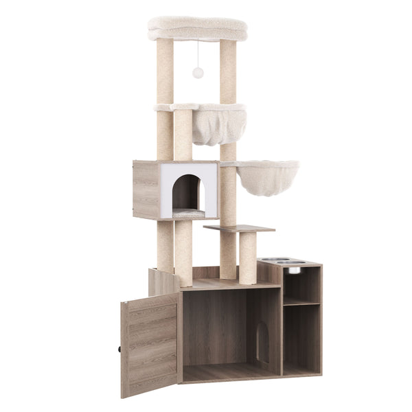 Katzenbaum mit Katzentoilette und Fressstation 155 cm braun