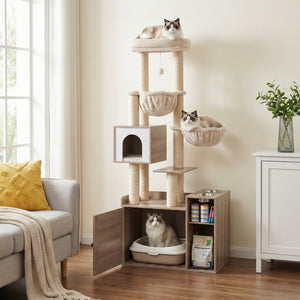 Katzenbaum mit Katzentoilette und Fressstation 155 cm braun